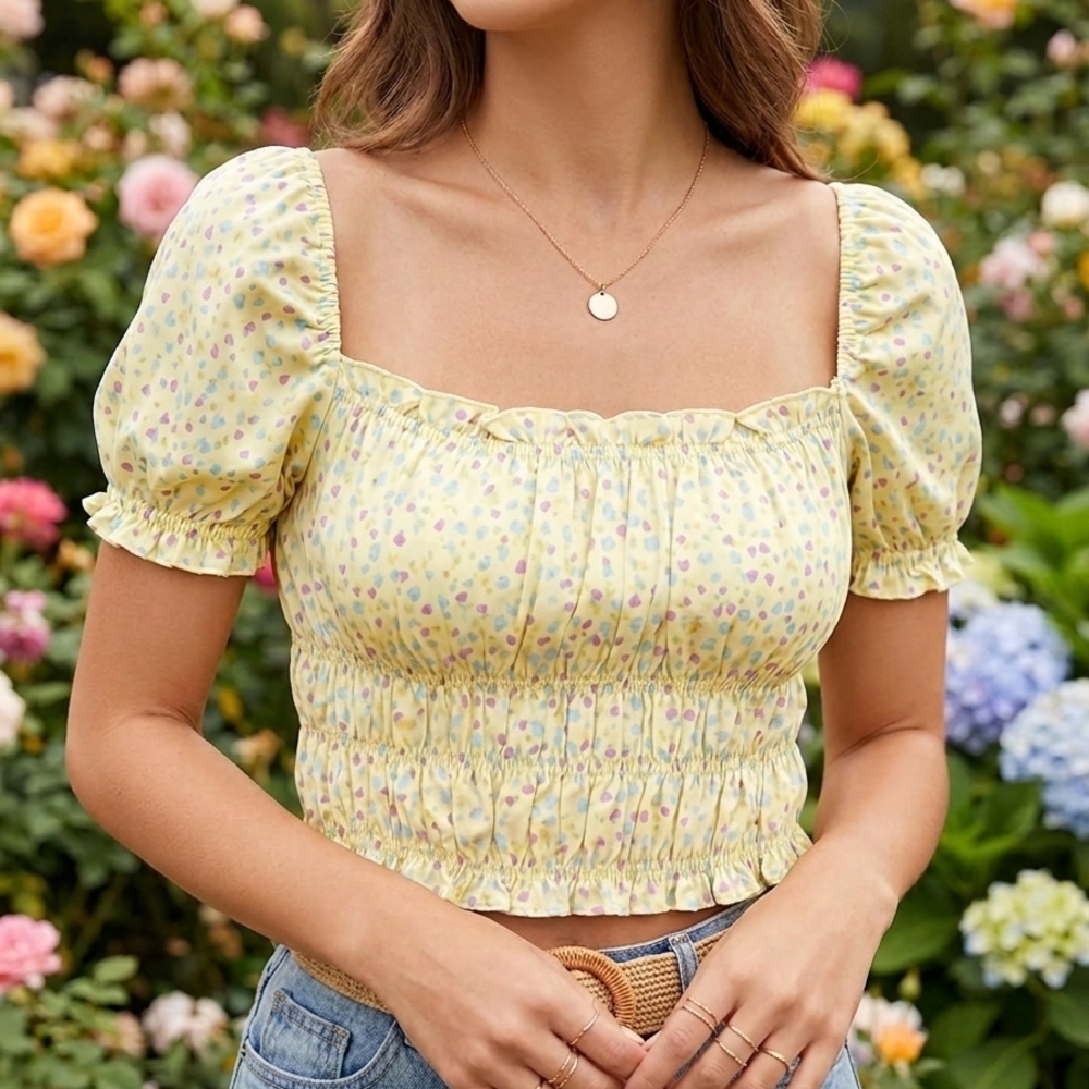 Zara Yellow Floral Smocked Puff Sleeve Crop Top New Whithout Label